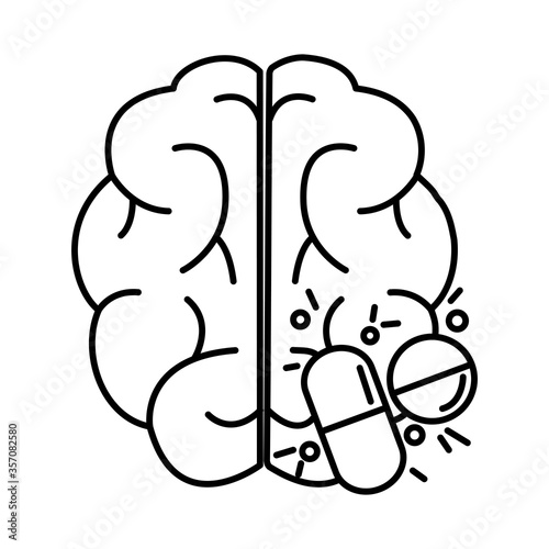 alzheimer disease, brain medication prescription, decrease in mental human ability line style icon