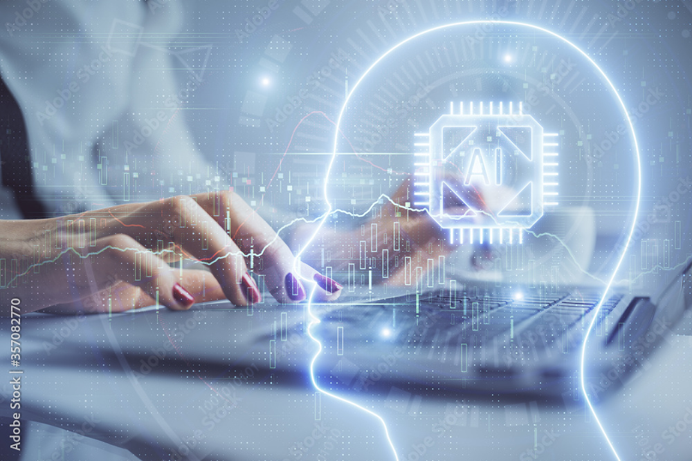 Multi exposure of woman hands working on computer and human brain hologram drawing. Ai tech concept.
