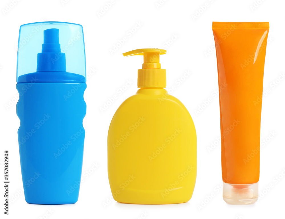 Set with sun protection cosmetic products on white background Set with sun protection cosmetic products on white background