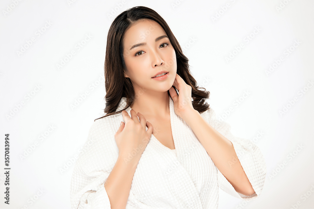 Beautiful Young Asian Woman touching her body with fresh Healthy Skin, isolated on white background, Beauty Cosmetics and Facial treatment Concept Beautiful Young Asian Woman touching her body with fresh Healthy Skin, isolated on white background, Beauty Cosmetics and Facial treatment Concept