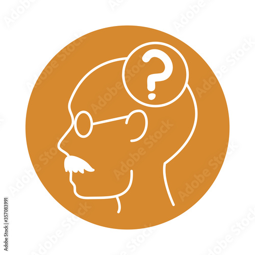 alzheimer disease, man profile question mark decrease in mental human ability color block style icon