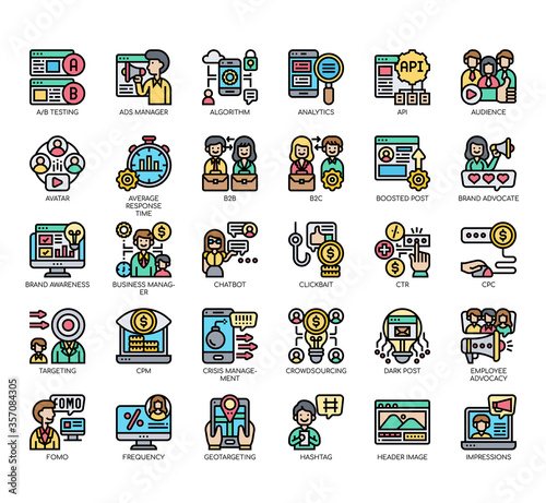 Set of social media strategy thin line and pixel perfect icons for any web and app project.