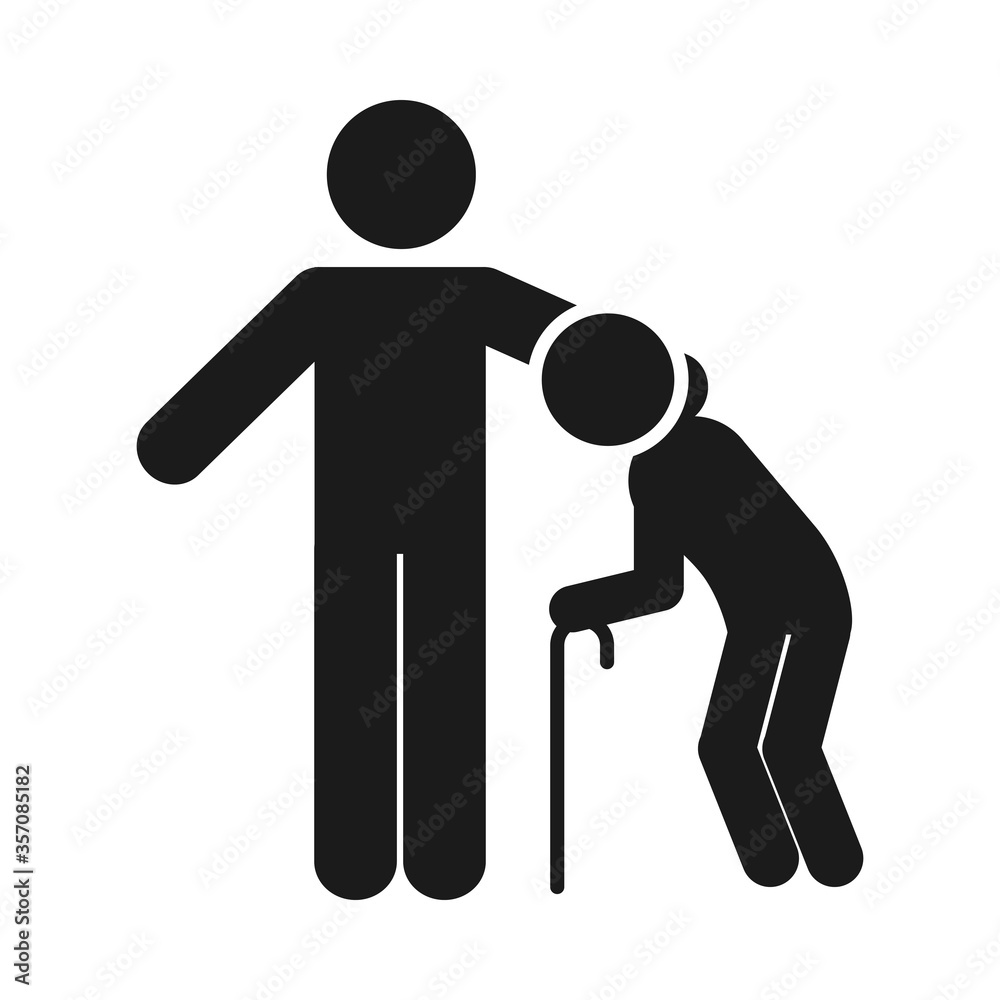 pictogram man with old man with a cane, silhouette style pictogram man with old man with a cane, silhouette style