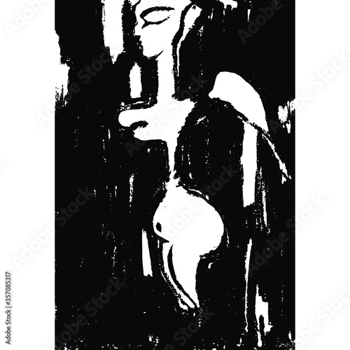 Pagan goddess. Great Mother female archetype. Black and white rough grunge sketch.