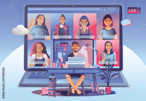 Video conference landing. People on computer screen taking with colleagues. Videoconferencing and online meeting workspace vector page man and woman. self-quarantine to prevent from COVID -19 vector 