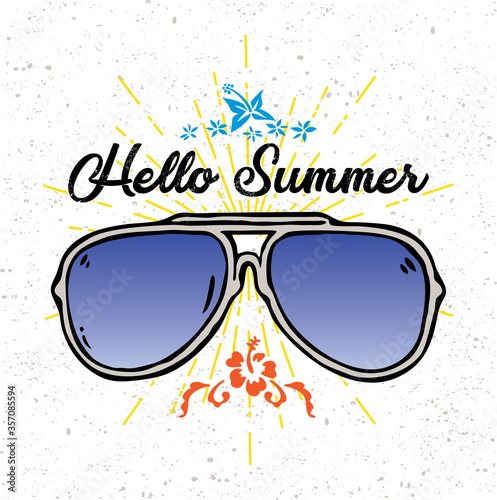 Hello summer, Doodle style sunglasses on paper background, vector illustration
