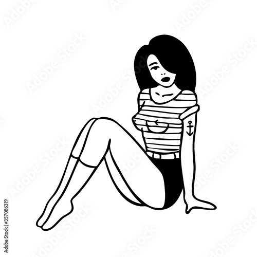 pin up girl traditional tattoo flash, vector illustration