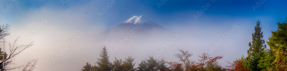Japanese Destinations. Fuji Mountain In The Very Early Morning Hidden With Early Fog.