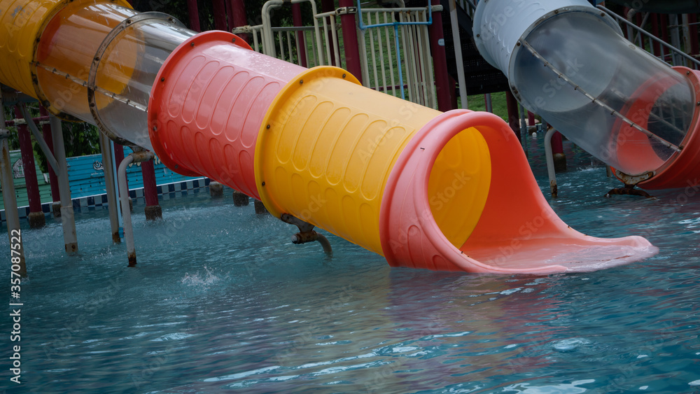 Water park sliders with pool at the park Water park sliders with pool at the park