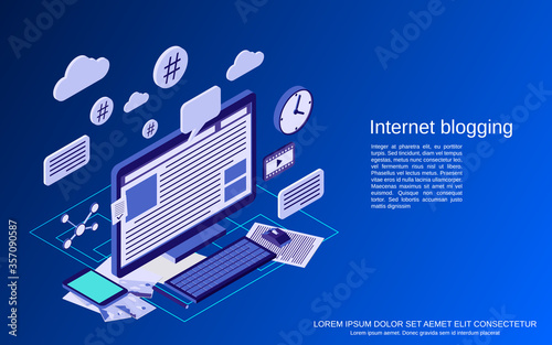 Internet blogging, blog management, web publication flat isometric vector concept illustration