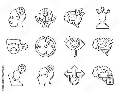 alzheimer disease, decrease in mental human ability icons set line style