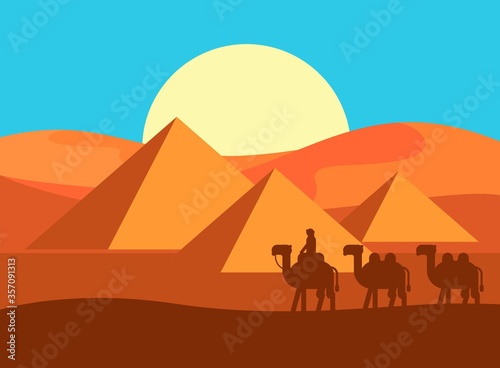 Caravan with background pyramid flat design