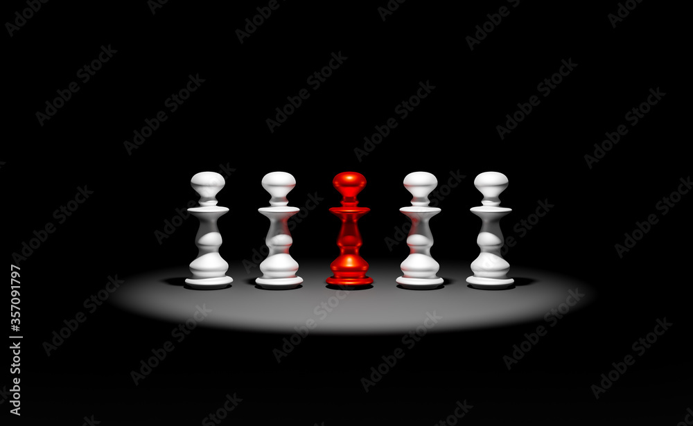 The leadership concept, the red chess pawn, stands in a crowd of white pawns. 3D rendered. The leadership concept, the red chess pawn, stands in a crowd of white pawns. 3D rendered.