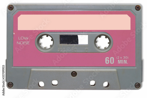 vintage pink and gray audio tape cut out on white background.
