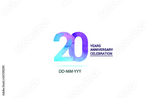 20 years anniversary celebration logotype. anniversary logo with watercolor purple and blue  isolated on white background, vector design for celebration, invitation card, and greeting card-vector