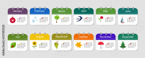 Calendar icons. Set of icons with colorful pattern on light background