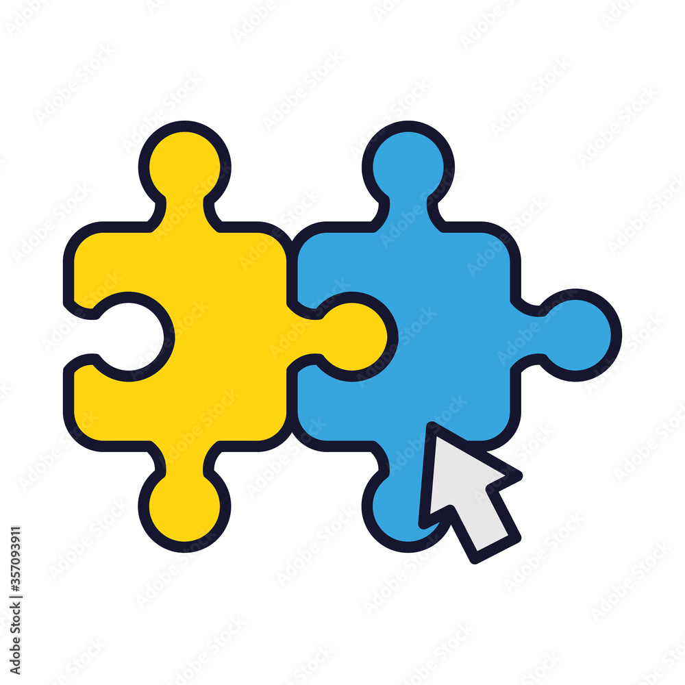 online education concept, jigsaw puzzles with arrow cursor, line and fill style online education concept, jigsaw puzzles with arrow cursor, line and fill style