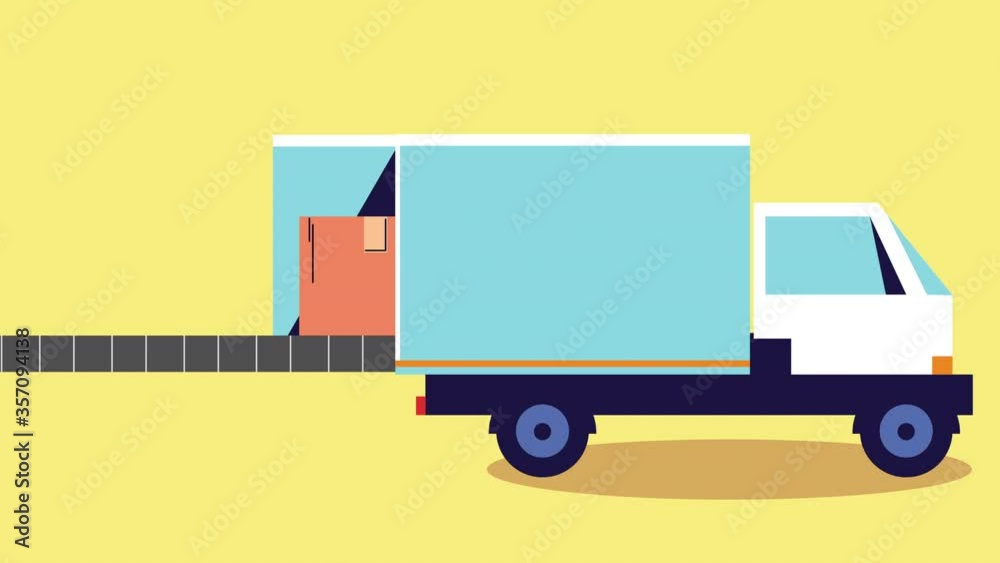 delivery service worker with truck and box in band transport animation