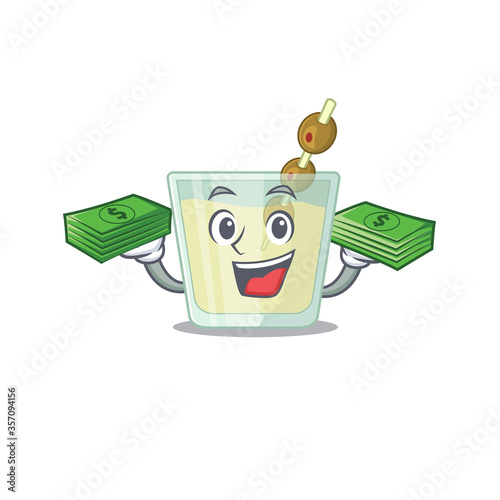 A wealthy martini cocktail cartoon character with much money