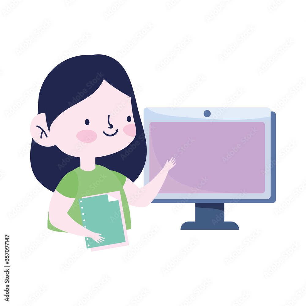 online education, student girl with computer and book studying cartoon online education, student girl with computer and book studying cartoon