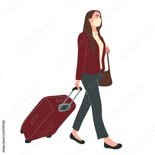 A girl in a face mask with a suitcase on wheels at the airport. Prevention of coronavirus, covid-19. Travel and tourism during the pandemic. Vector flat illustration.