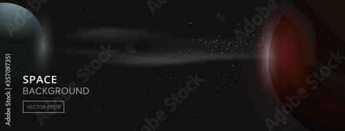 Dark universe banner background with planets and group of stars