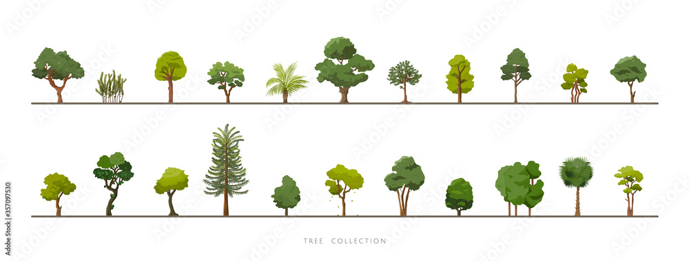 Collection of various green tree vector icon set on white background