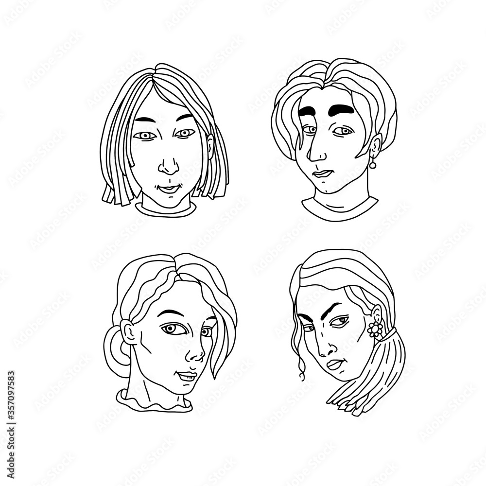 Faces of women of different nationalities, faiths and skin color. In the outline style on a white background. Fight for women's rights and equality. Template for a poster, banner, etc. Vector. Faces of women of different nationalities, faiths and skin color. In the outline style on a white background. Fight for women's rights and equality. Template for a poster, banner, etc. Vector.