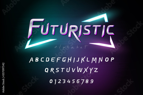 Fototapete Alphabet font set with  numbers on dark futuristic cyberpunk background
