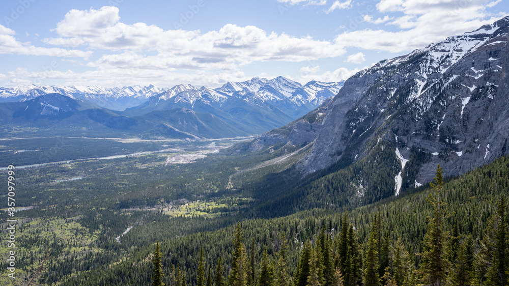 Obraz premium Beautiful alpine valley with forest and mountain peaks, shot at Mt Yamnuska trail, Canadian Rockies, Alberta, Canada