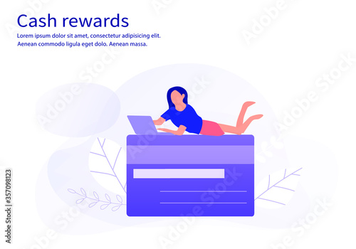 Cash back program paying with woman business background, credit card concept.