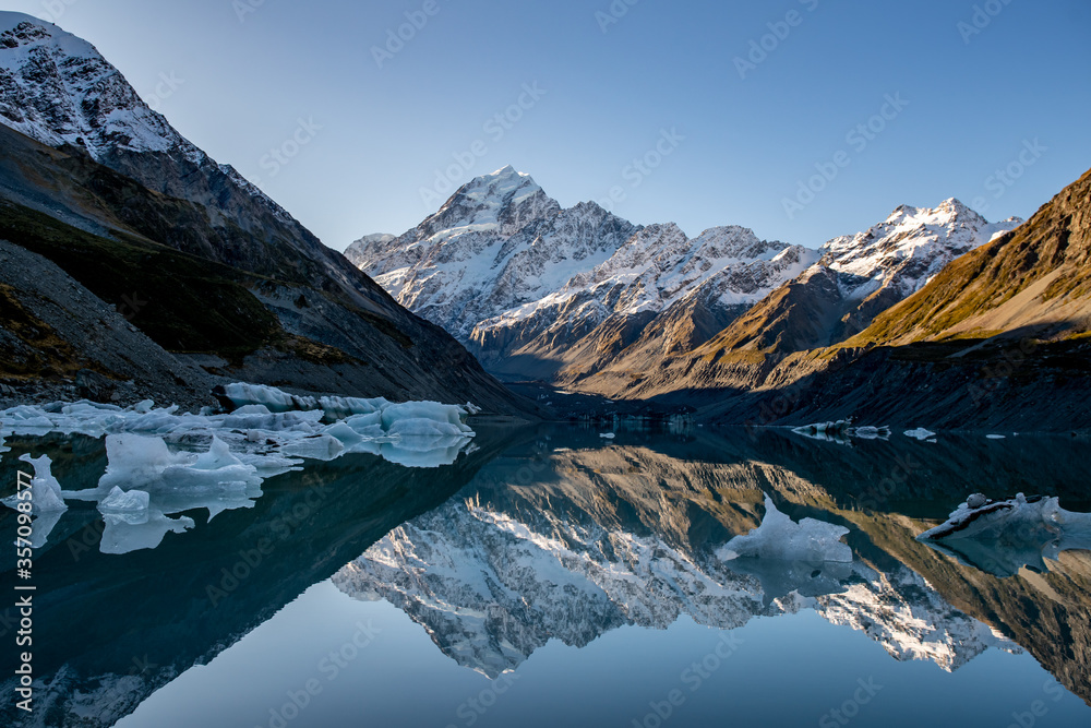 Amazing reflections of both Mt Cook and the icebergs floating on Hooker Glacial Lake in  Aoraki Mt Cook National Park