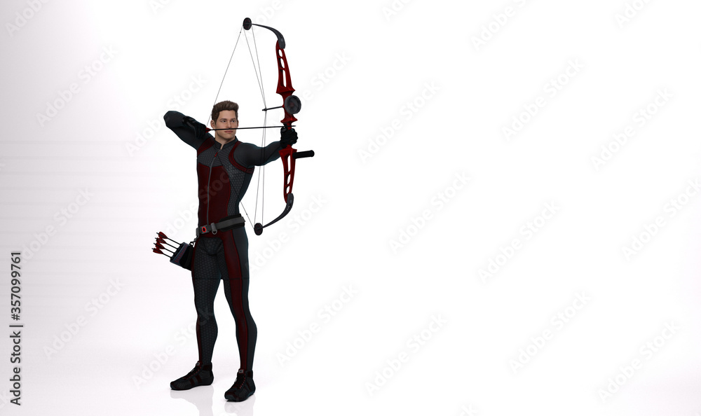 3D Render : a young male archer pose practicing archery in the studio 3D Render : a young male archer pose practicing archery in the studio