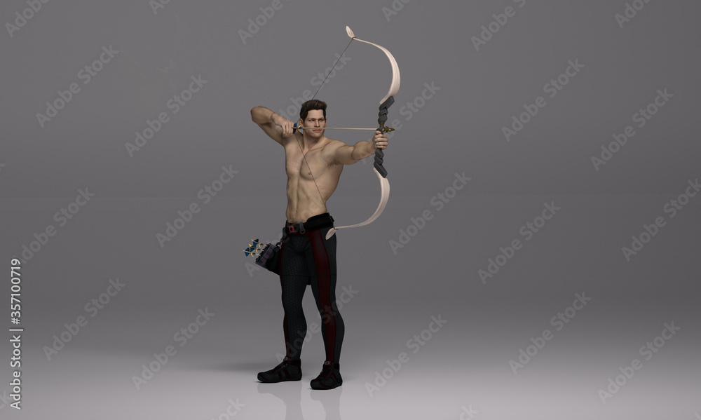 3D Render : a young male shirtless archer pose practicing archery in the studio
3D Render : a young male shirtless archer pose practicing archery in the studio