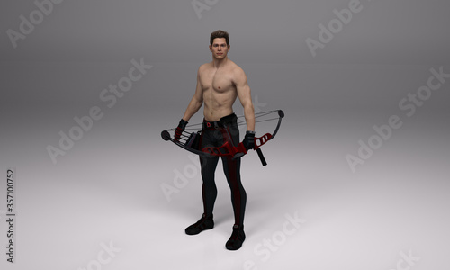 3D Render   a young male shirtless archer pose practicing archery in the studio  
