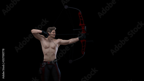 3D Render : a young male shirtless archer pose practicing archery in the studio 