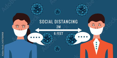 woman and man character with surgical or medical face mask maintain social distancing to prevent virus spreading and flu prevention, coronavirus, social isolation, self quarantine, new normal concept