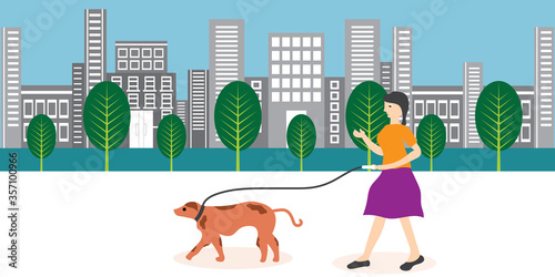 Solo outdoor activities concept. woman walking dog in the park. Flat vector illustration.