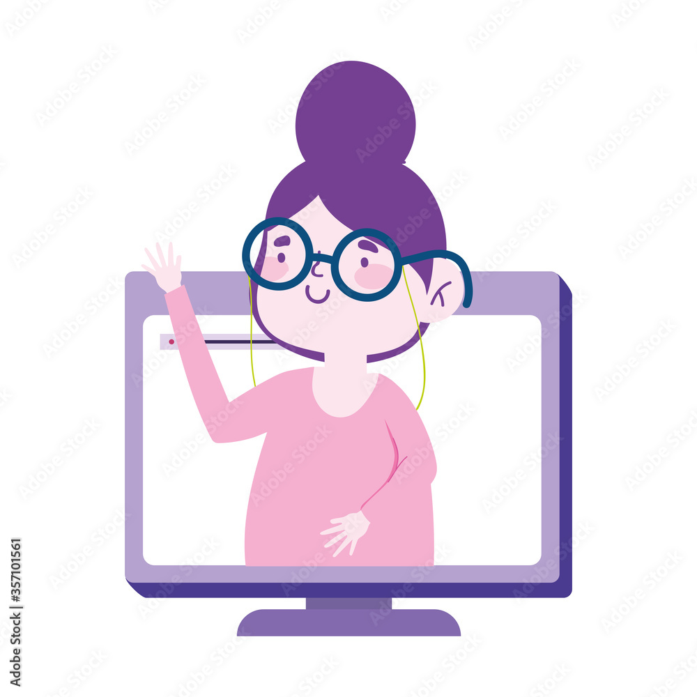 online education teacherin computer screen isolated icon design white background online education teacherin computer screen isolated icon design white background