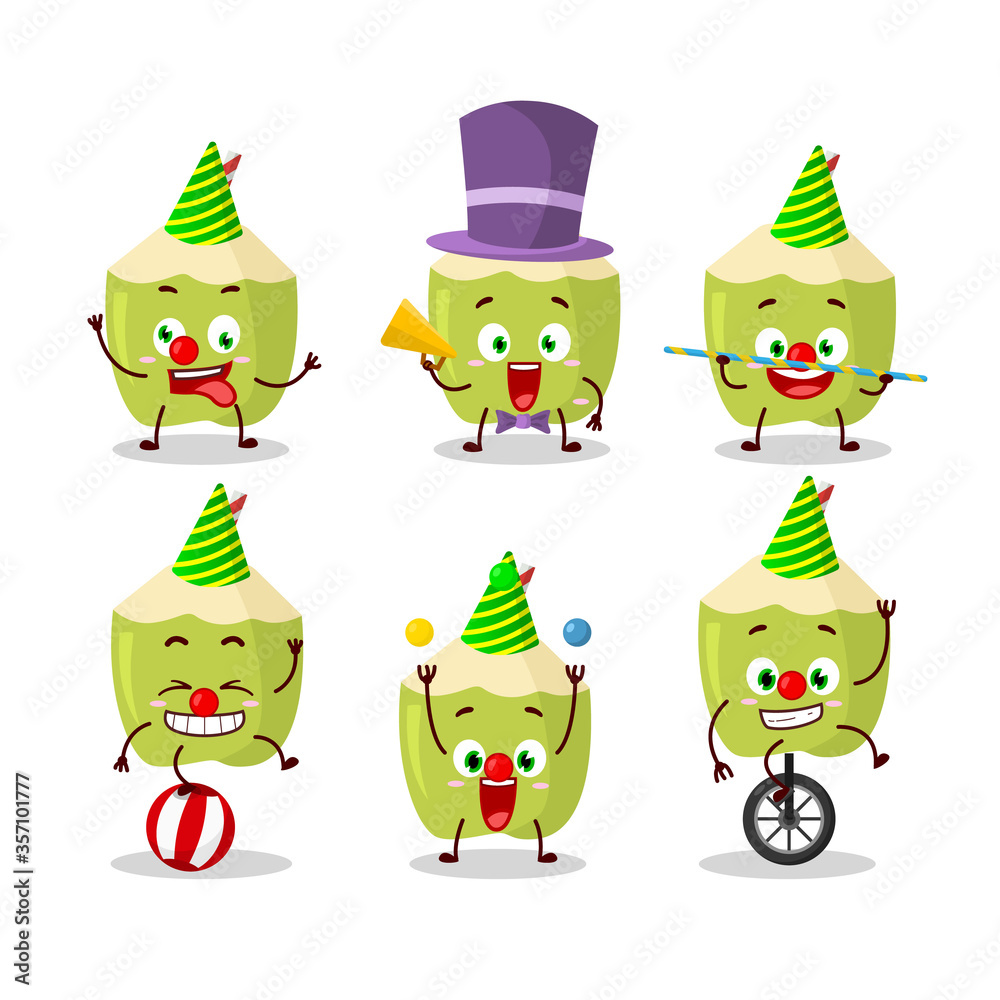Fototapeta premium Cartoon character of green coconut with various circus shows
