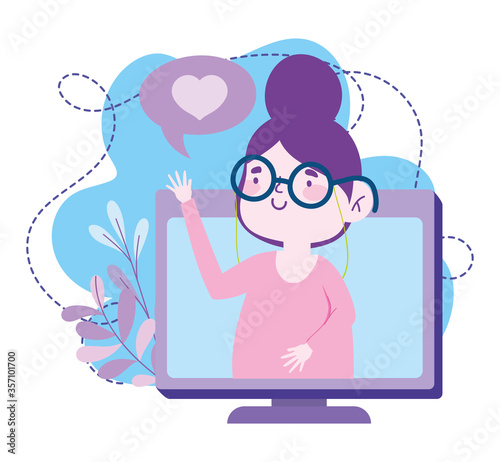 online education, teacher computer waving hand, website and mobile training courses