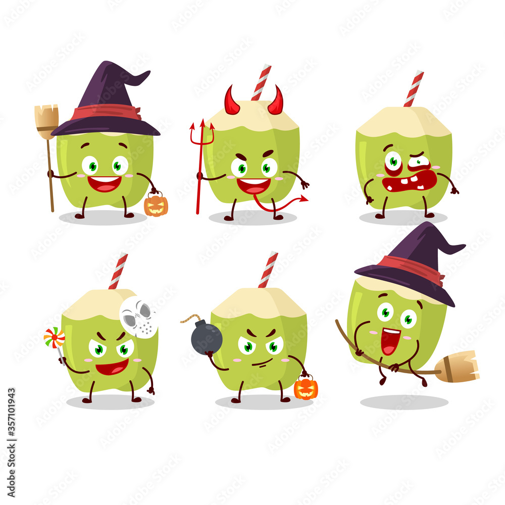 Halloween expression emoticons with cartoon character of green coconut Halloween expression emoticons with cartoon character of green coconut