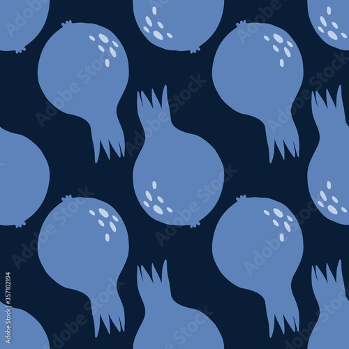Decorative blue pomegranate fruit seamless pattern on black background.