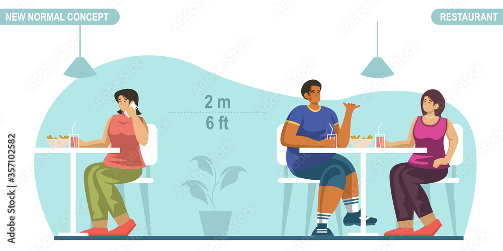 New normal social distancing concept. People sitting on public restaurant, keeping distance to protect from COVID-19 Coronavirus. Scalable and editable vector illustration. New normal social distancing concept. People sitting on public restaurant, keeping distance to protect from COVID-19 Coronavirus. Scalable and editable vector illustration.
