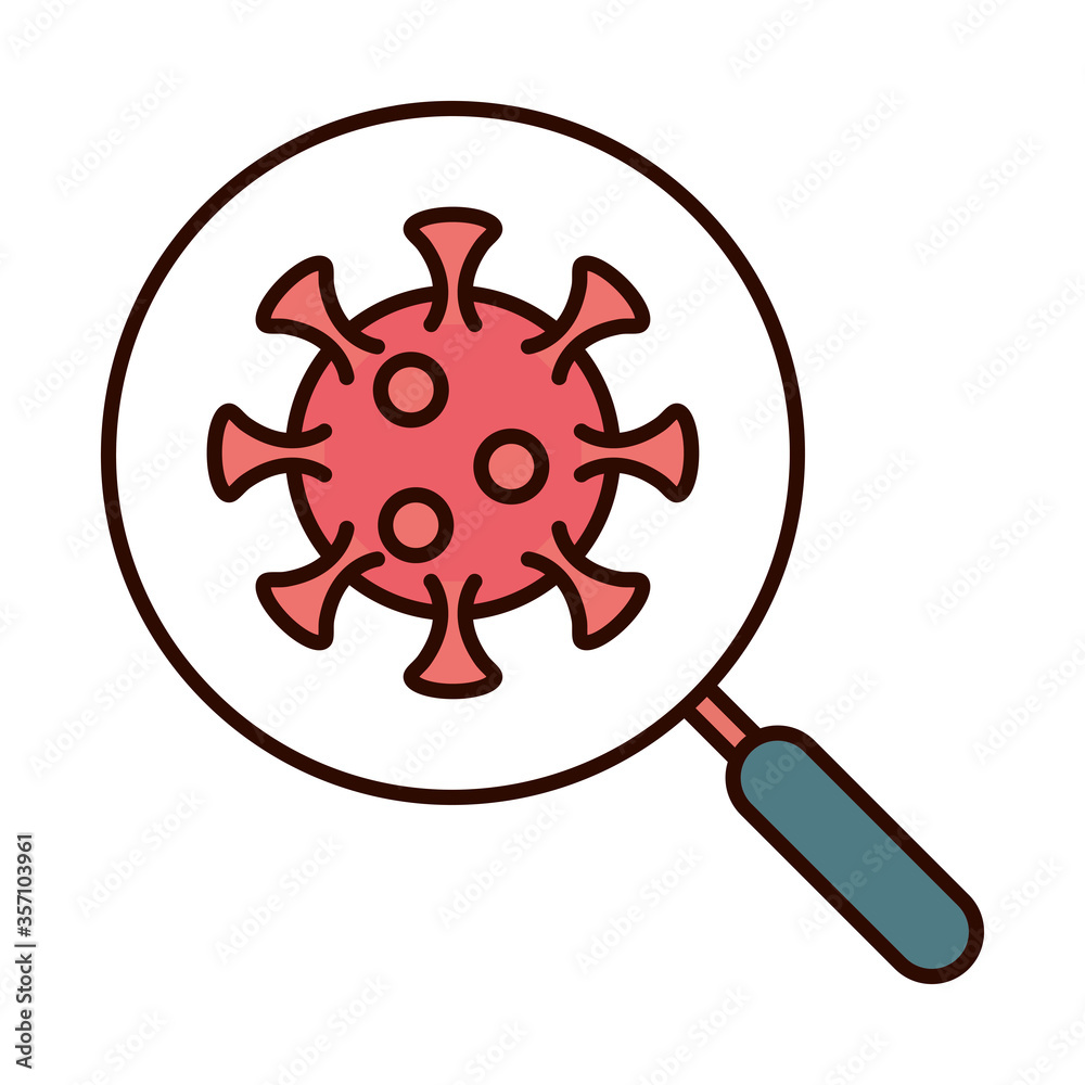 Obraz premium covid 19 coronavirus prevention, virus pathogen magnifier analysis, spread outbreak pandemic line and fill style icon