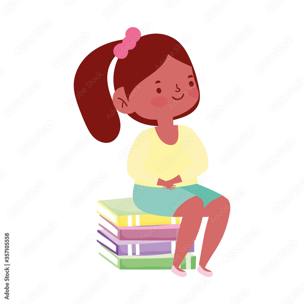 little student girl sitting on stack of books cartoon school isolated icon design white background