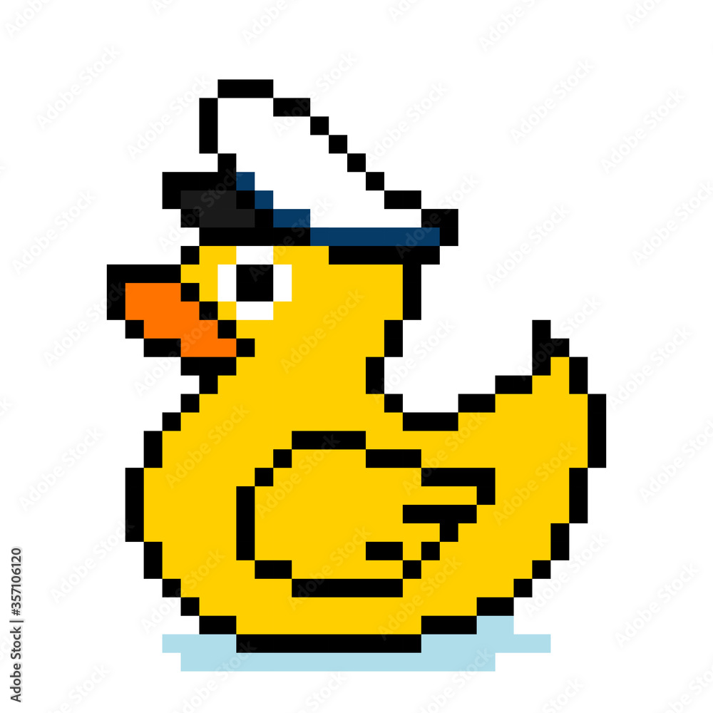 Duck. Pixel captain duck image with hat. Vector Illustration of pixel