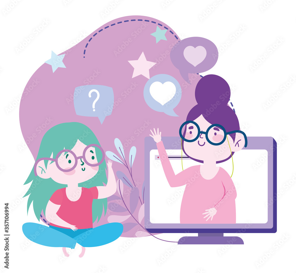 online education, teacher and student girl computer, website and mobile training courses online education, teacher and student girl computer, website and mobile training courses