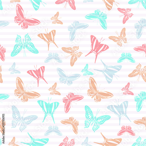 Flying butterfly silhouettes over striped background vector seamless pattern.