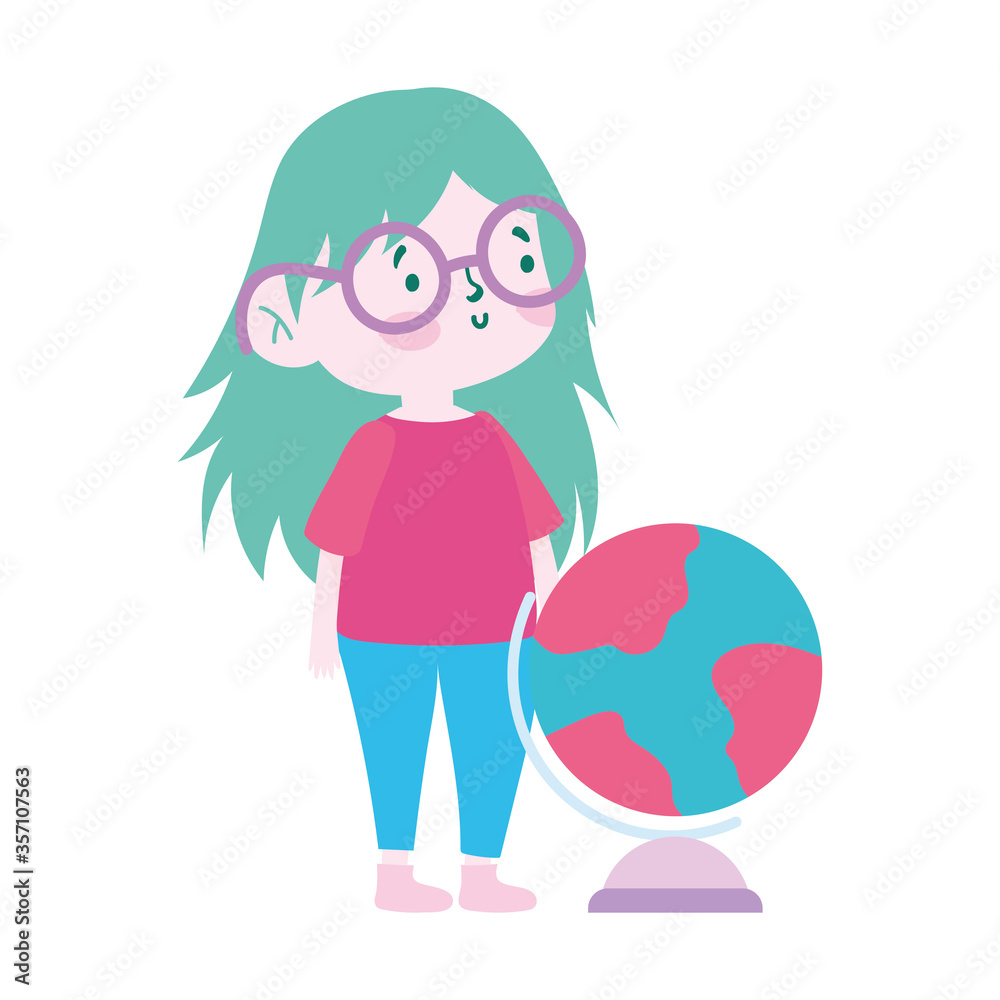 little student girl with globe map cartoon character isolated icon little student girl with globe map cartoon character isolated icon